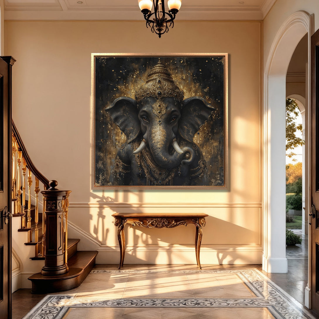 Framed Wall Art featuring a majestic elephant deity in a dark, gold-toned color palette, perfect for adding an elegant touch to any interior space.