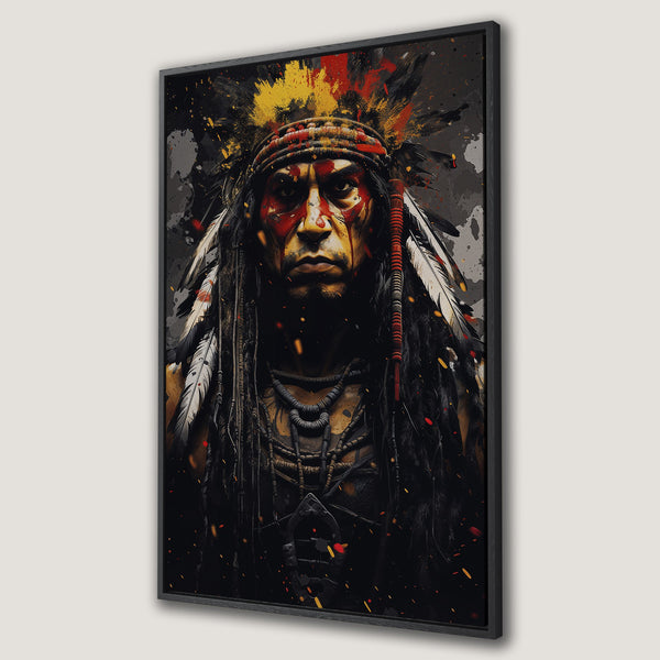 Framed Wall Art: Powerful Native American portrait in vibrant red, yellow, and black. Abstract art style, perfect for adding a bold statement to any space.