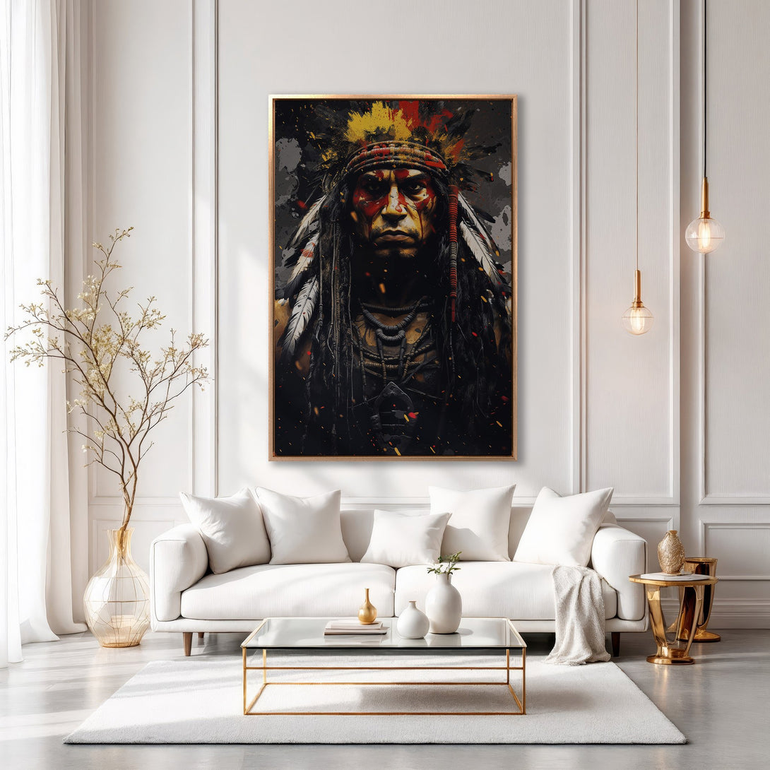 Framed Wall Art featuring a Native American portrait in a modern, abstract style with a bold red, yellow, and black color palette. Adds a touch of history to any room.
