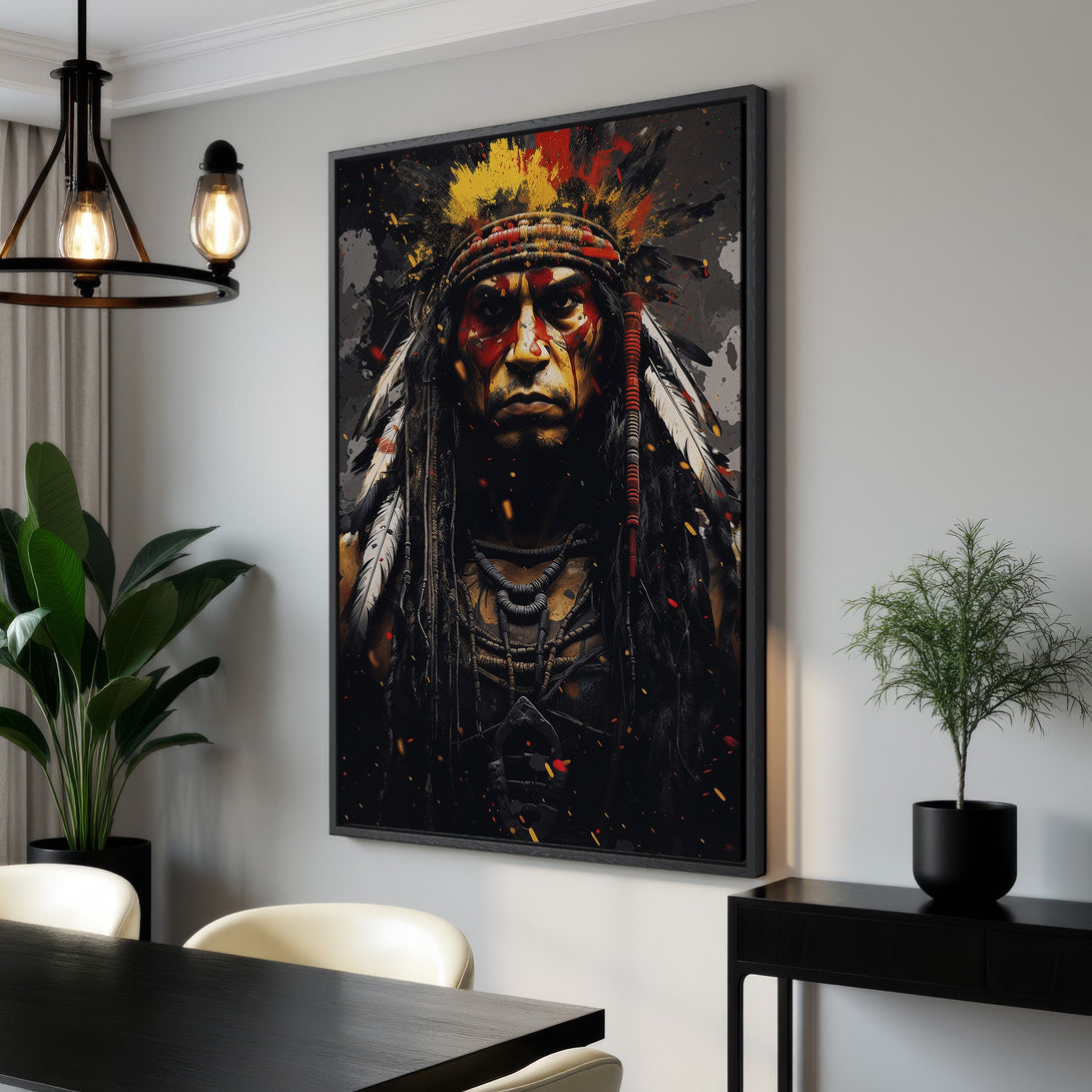 Framed Wall Art: Powerful Native American portrait in abstract style. Dark, moody color palette with red, yellow, and black accents. Perfect for modern home decor.