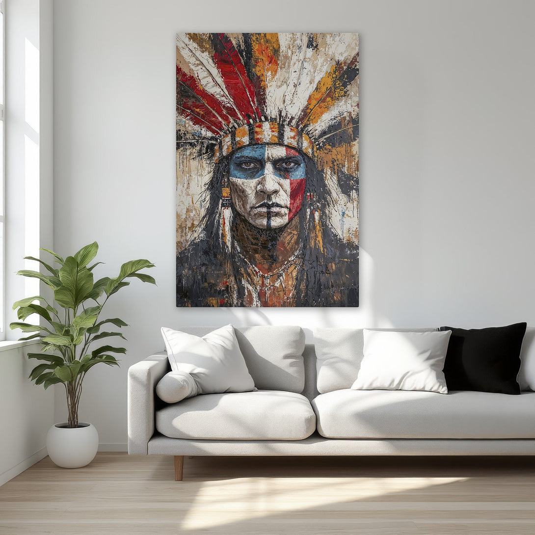 Framed Wall Art: Abstract Native American portrait in vibrant colors. Perfect for adding a touch of culture and style to any room. Explore our art collection today!