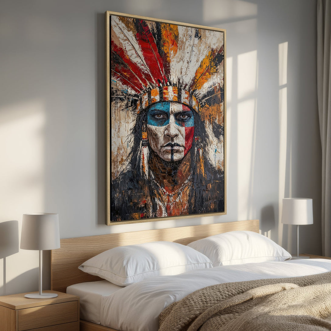 Framed Wall Art of Native American in a bedroom. Bold, textured painting with a vibrant palette of red, blue, orange, and black. Perfect for adding character.