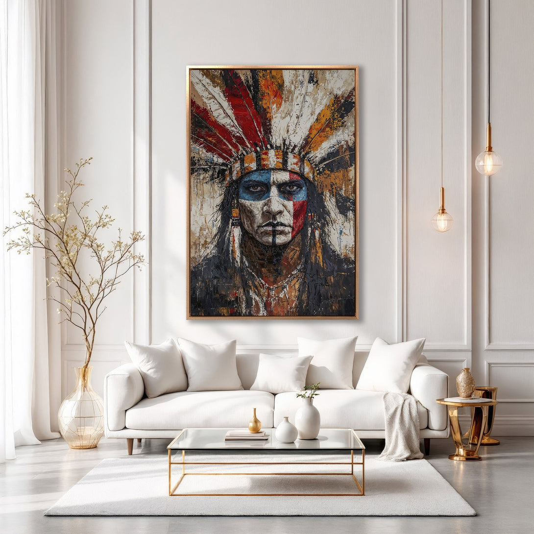 Framed Wall Art of Native American Chief in a modern interior. Bold, colorful abstract portrait with a warm, neutral palette. Elevate your space!