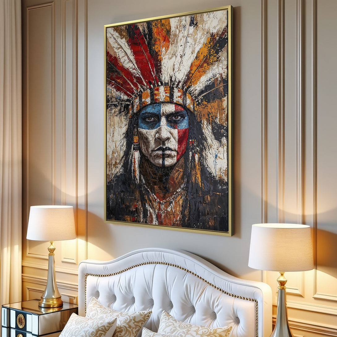 Canvas Print of Native American portrait, abstract style, featuring vibrant red, blue, and earth tones. Perfect wall art for your home!