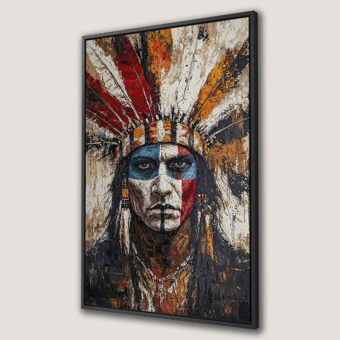 Framed Wall Art: Powerful Native American portrait with vibrant colors. Abstract expressionist style canvas print in a bold, warm palette. Perfect wall decor!