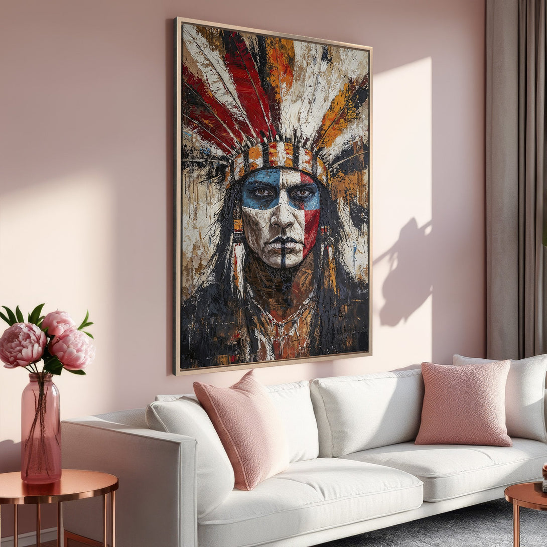Framed Wall Art featuring a Native American portrait in an expressive, painterly style. Warm color palette with reds, oranges, and blues. Perfect for living room decor.