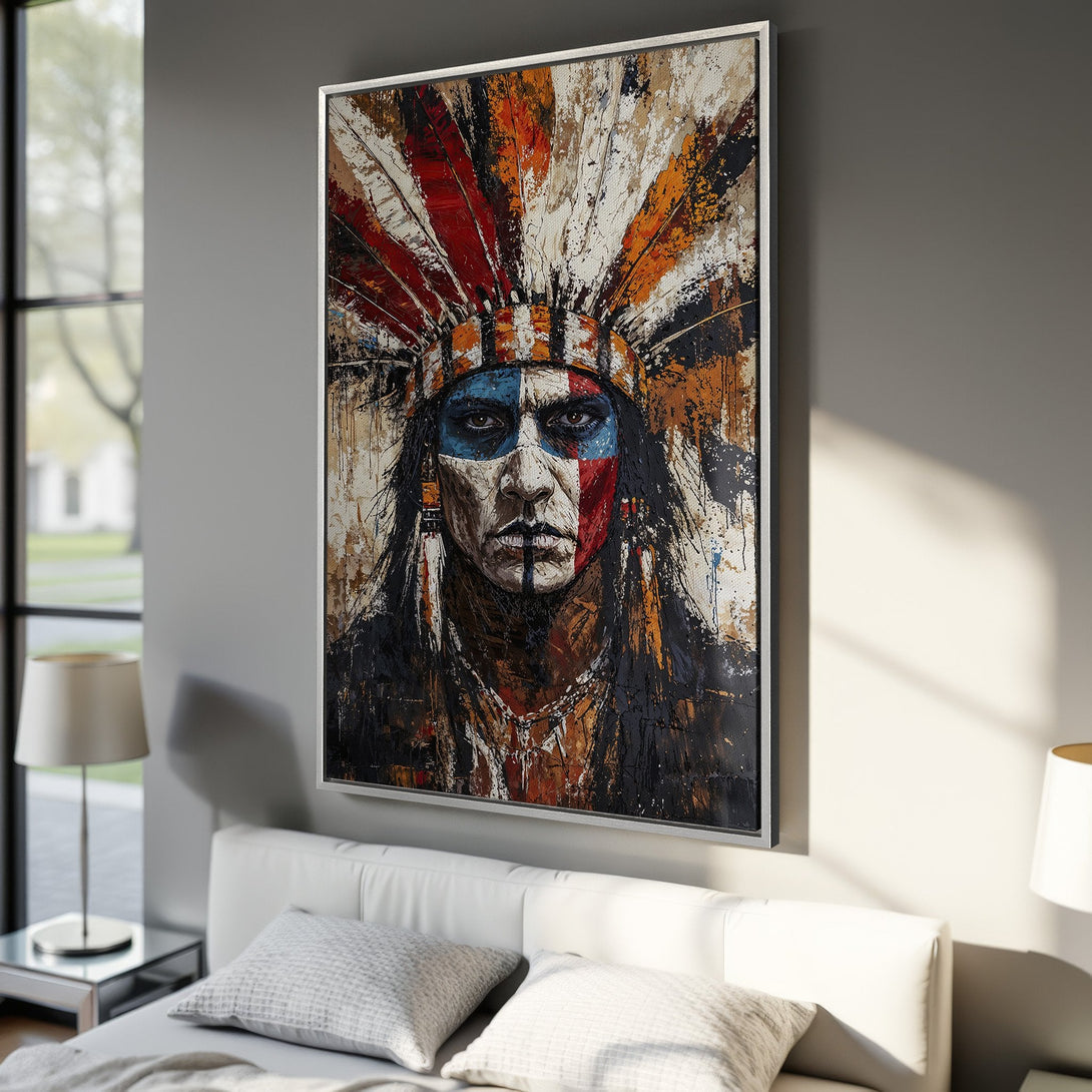 Framed Wall Art: Abstract portrait of a Native American in vibrant orange, red, blue, and black. Adds a bold statement to any room.