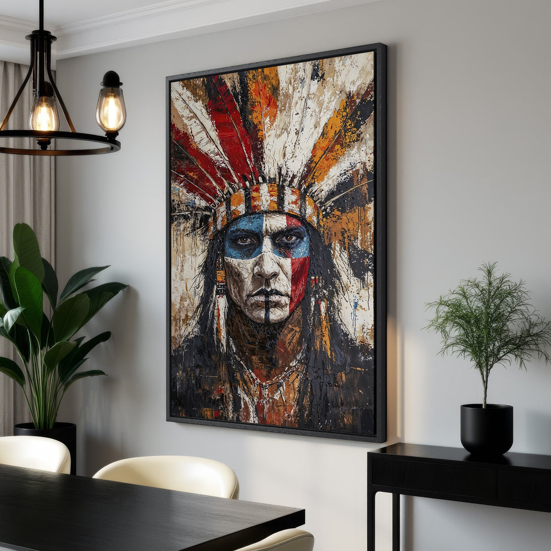 Framed Wall Art: Abstract Native American portrait in vibrant red, orange, and blue. Modern art canvas print adds a bold statement to any interior.