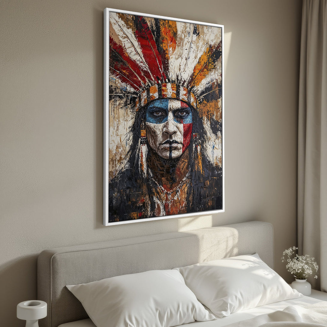 Framed Wall Art Canvas Print of Native American portrait in bold, vibrant colors. Modern, abstract style with a warm, earthy palette. Elevate your space!