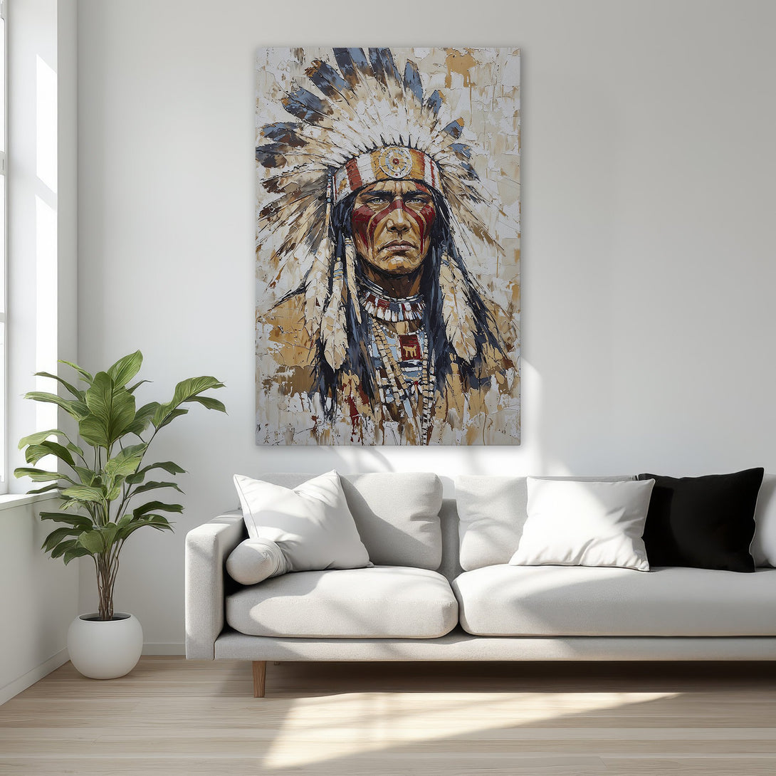 Framed Wall Art: Stunning Native American portrait canvas print in warm earth tones. Perfect for adding a touch of history and elegance to your home decor.