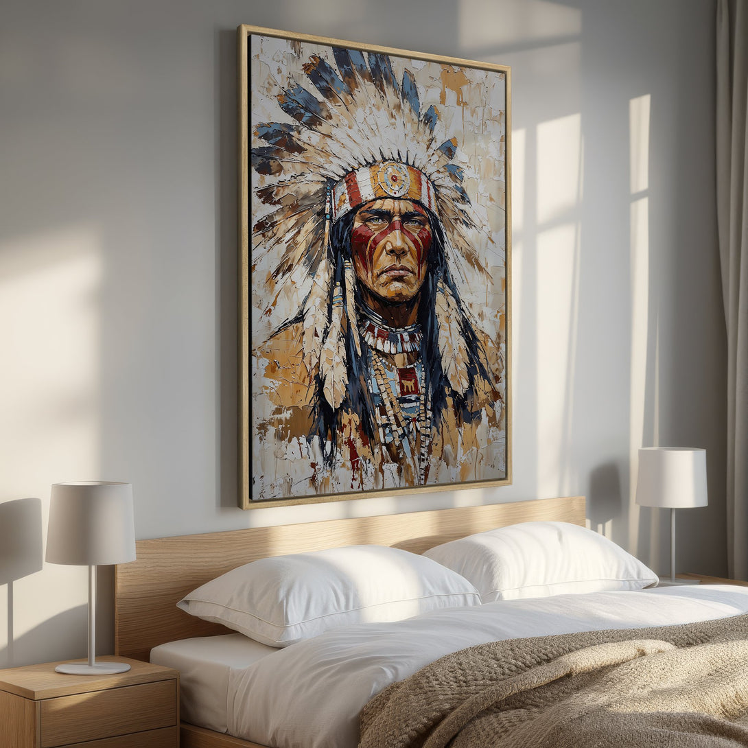 Framed Wall Art: Native American portrait in warm, earthy tones. Textured brushstrokes create a captivating, expressive style. Perfect for adding character to your space.