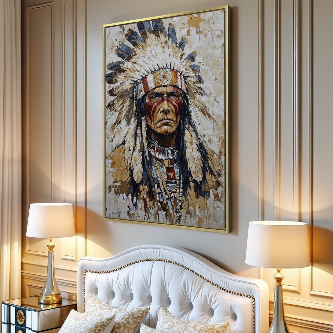 Canvas Print of Native American Chief, textured art in neutral and earthy tones, perfect for living room decor.