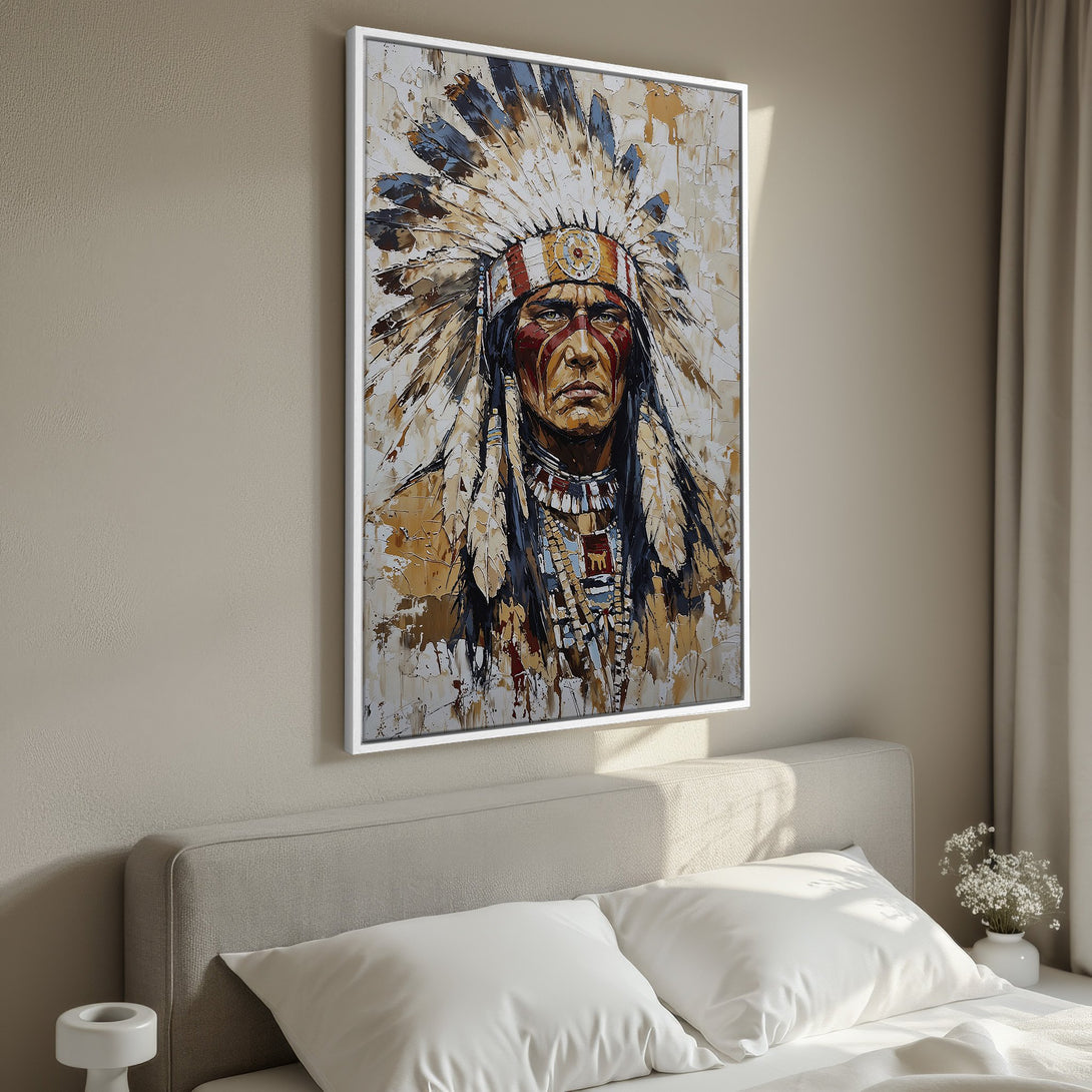 Framed Wall Art: Powerful Native American portrait in a textured, impressionistic style. Earthy tones of brown, beige, and blue create a captivating focal point for any room.