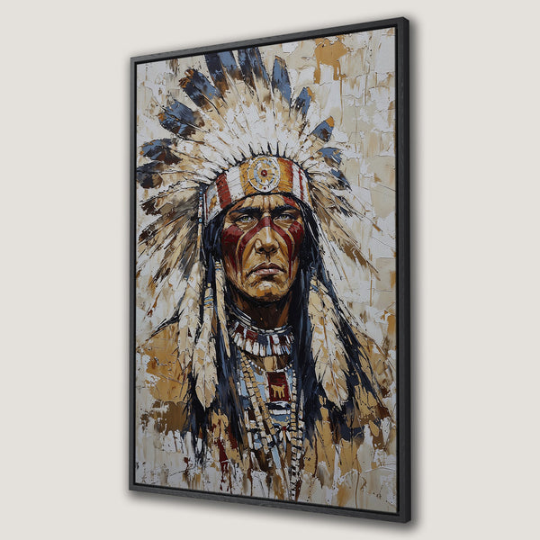 Framed Wall Art: Stunning portrait of a Native American chief in an expressive, textured style. Earthy tones and bold brushstrokes create a captivating piece.