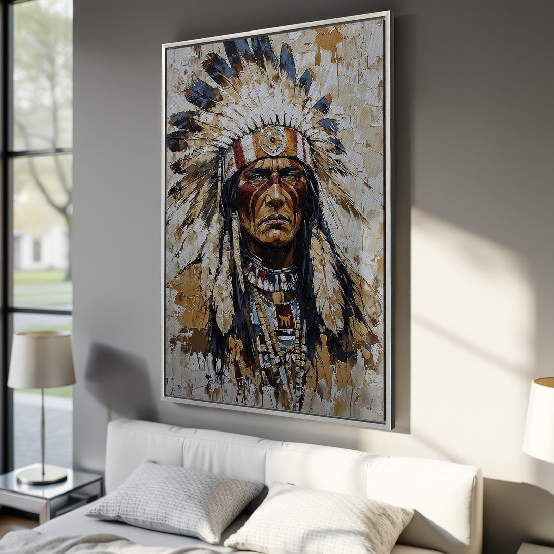Framed Wall Art: Impressive Native American portrait in a textured, expressive style. Earthy tones with pops of blue and red. Perfect for adding character to any space.