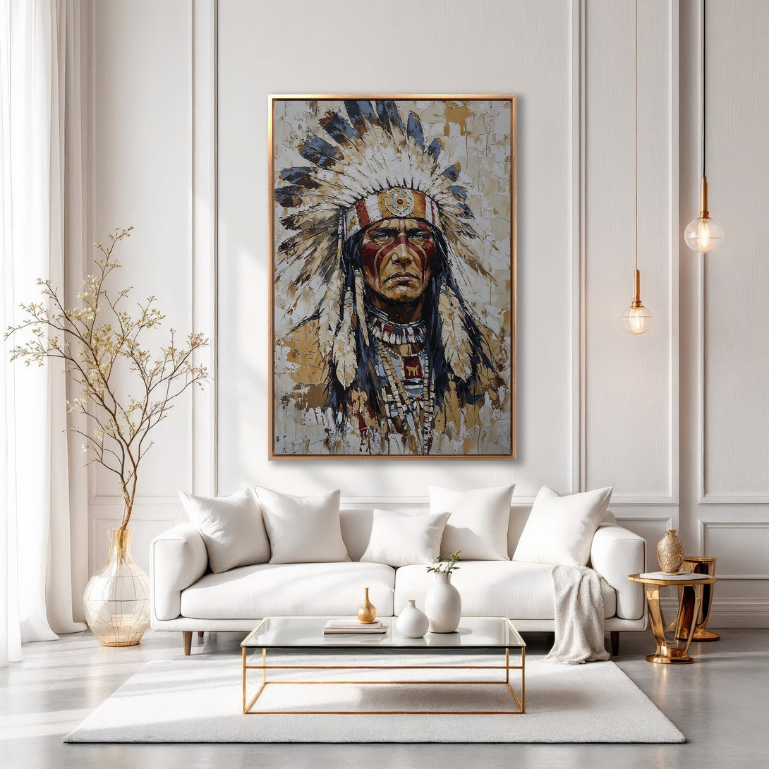 Framed Wall Art of Native American Chief. Textured, oil painting style in warm, earthy tones. Perfect for adding character to your living room.