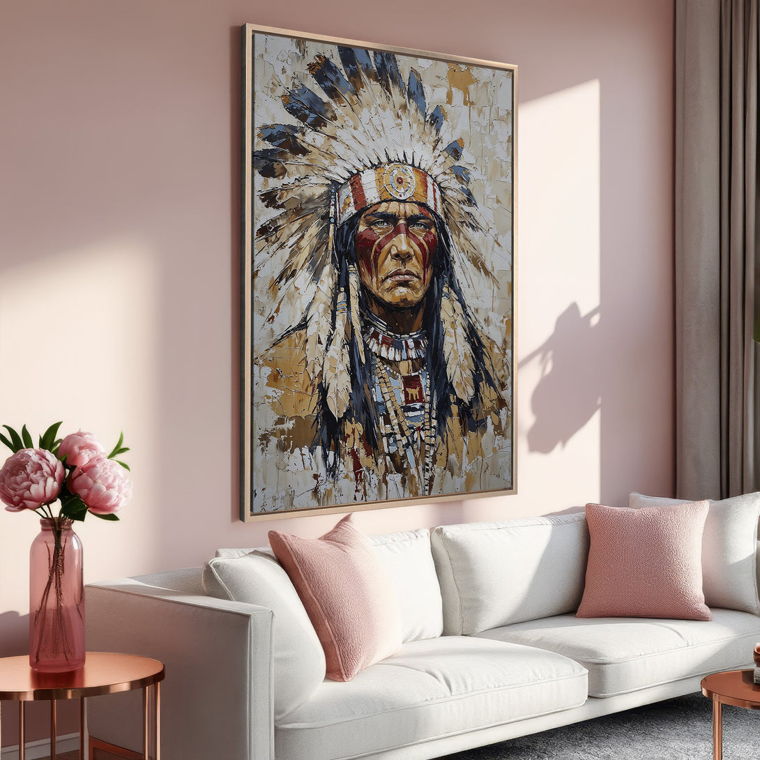 Framed Wall Art: Native American portrait in warm, earthy tones. Adds a touch of culture and sophistication to any space. Shop now for unique wall decor!