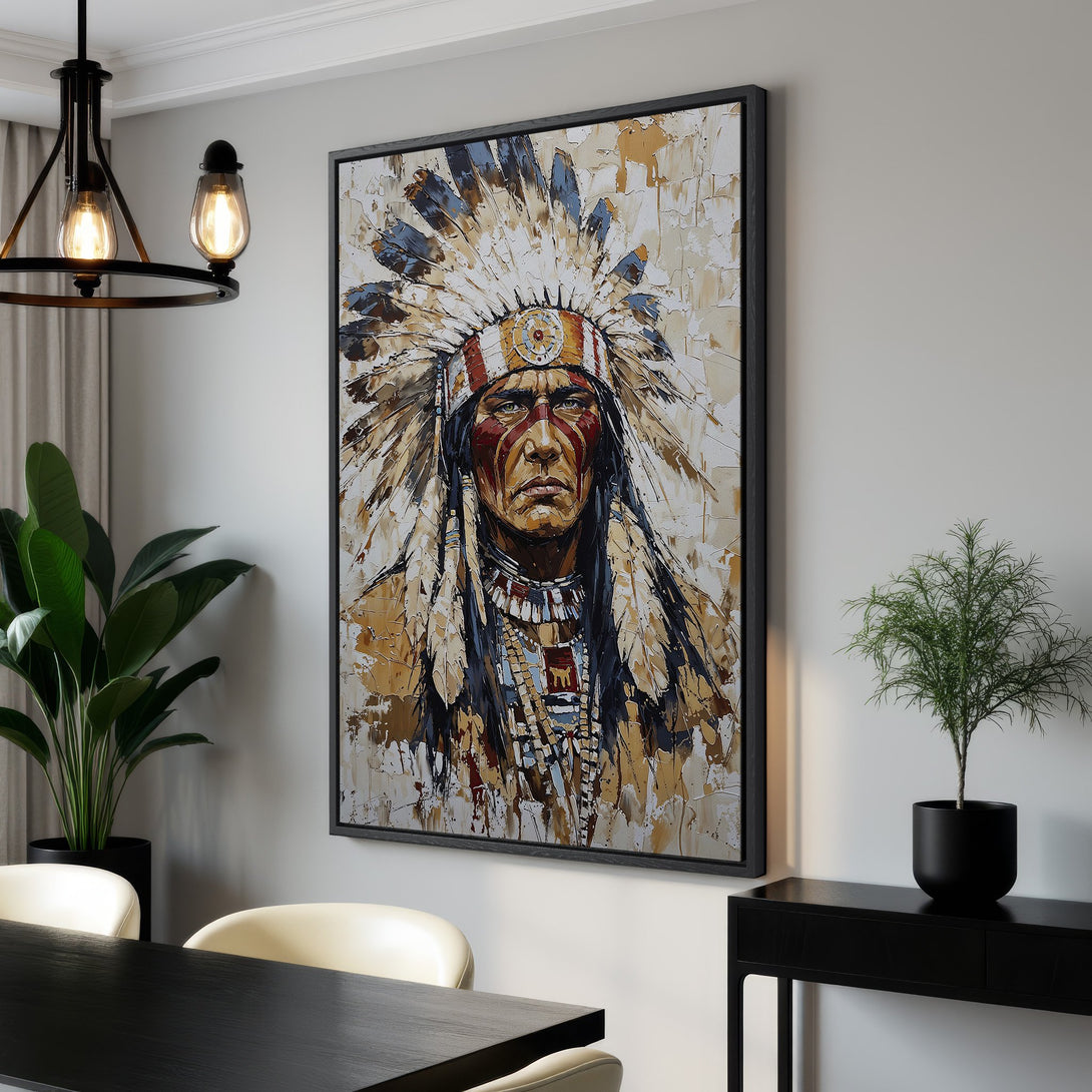 Framed Wall Art: Powerful Native American portrait in a textured, painterly style. Warm earth tones with pops of blue and red. Perfect for adding depth to any space.