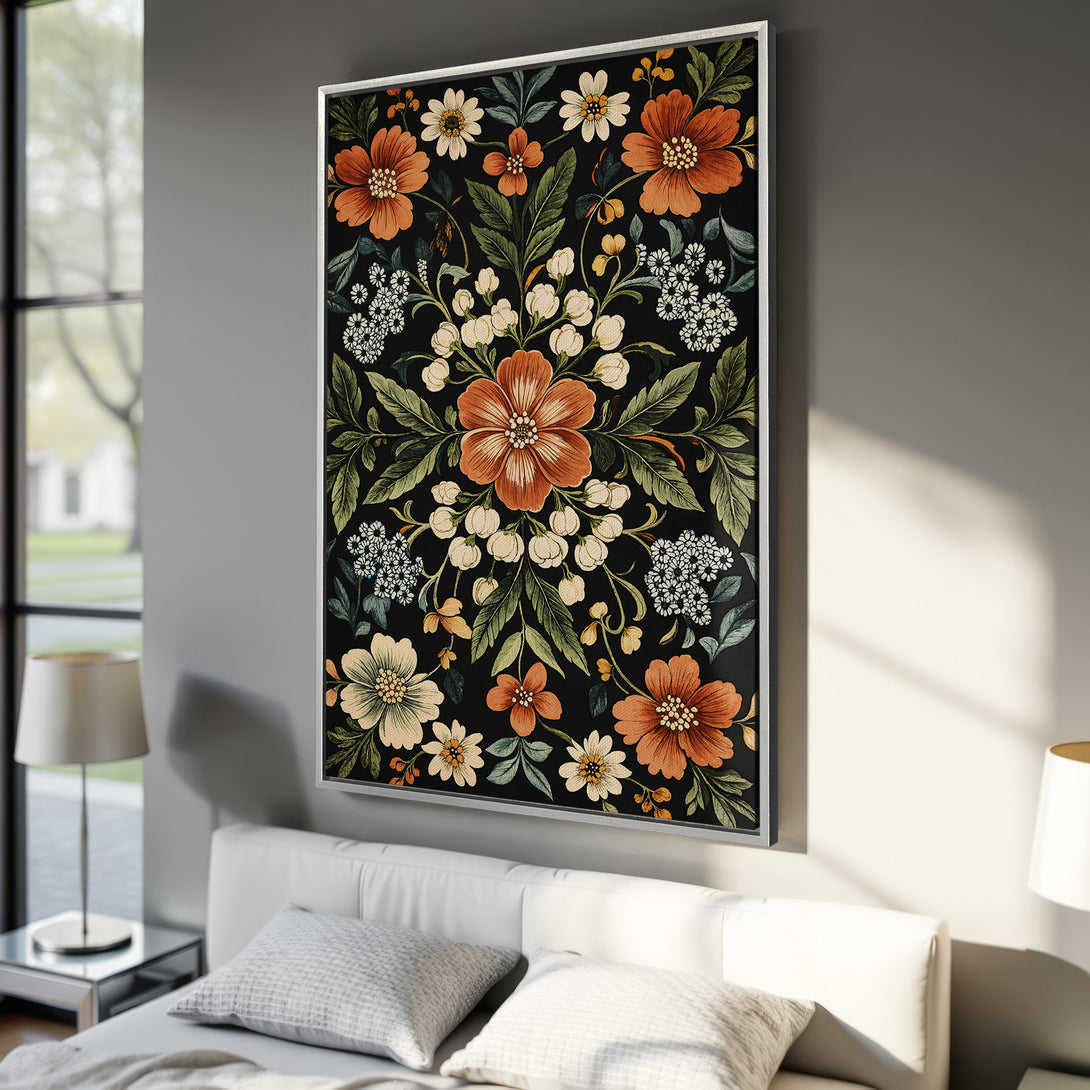 Framed Wall Art featuring a floral design in a vintage style, with a black background and a warm color palette of orange, green, and cream. Perfect for home decor.
