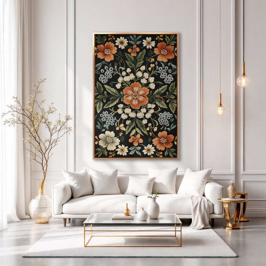 Framed Wall Art: Floral design in warm tones on a black background. Elegant living room decor with a gold frame, perfect for adding a touch of sophistication.
