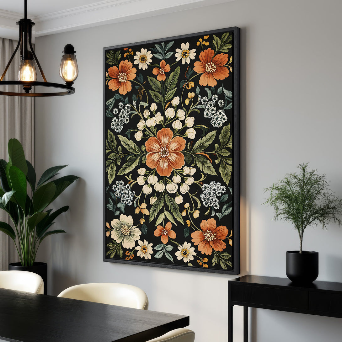 Framed Wall Art featuring a floral design with a black background and orange, cream, and green flowers. Perfect for adding a touch of elegance to any room.