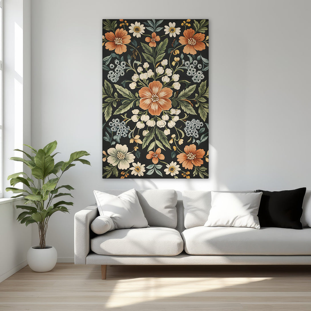 Framed Wall Art featuring a floral design in a black, orange, and green palette. Perfect for adding a touch of elegance to any room.