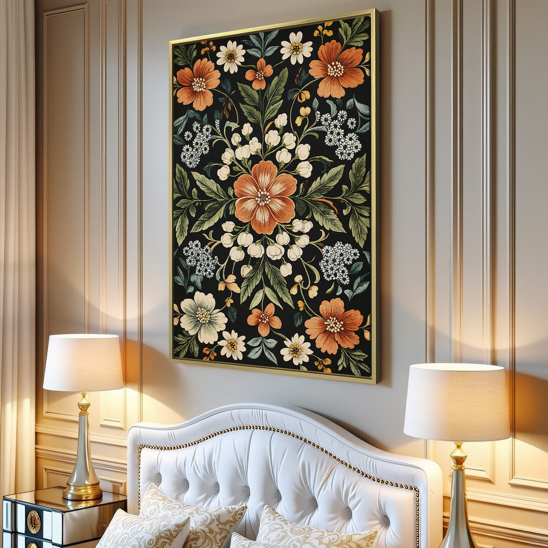 Canvas Print of floral artwork in a living room. Features a dark background with orange, cream, and green flowers, adding a touch of elegance.