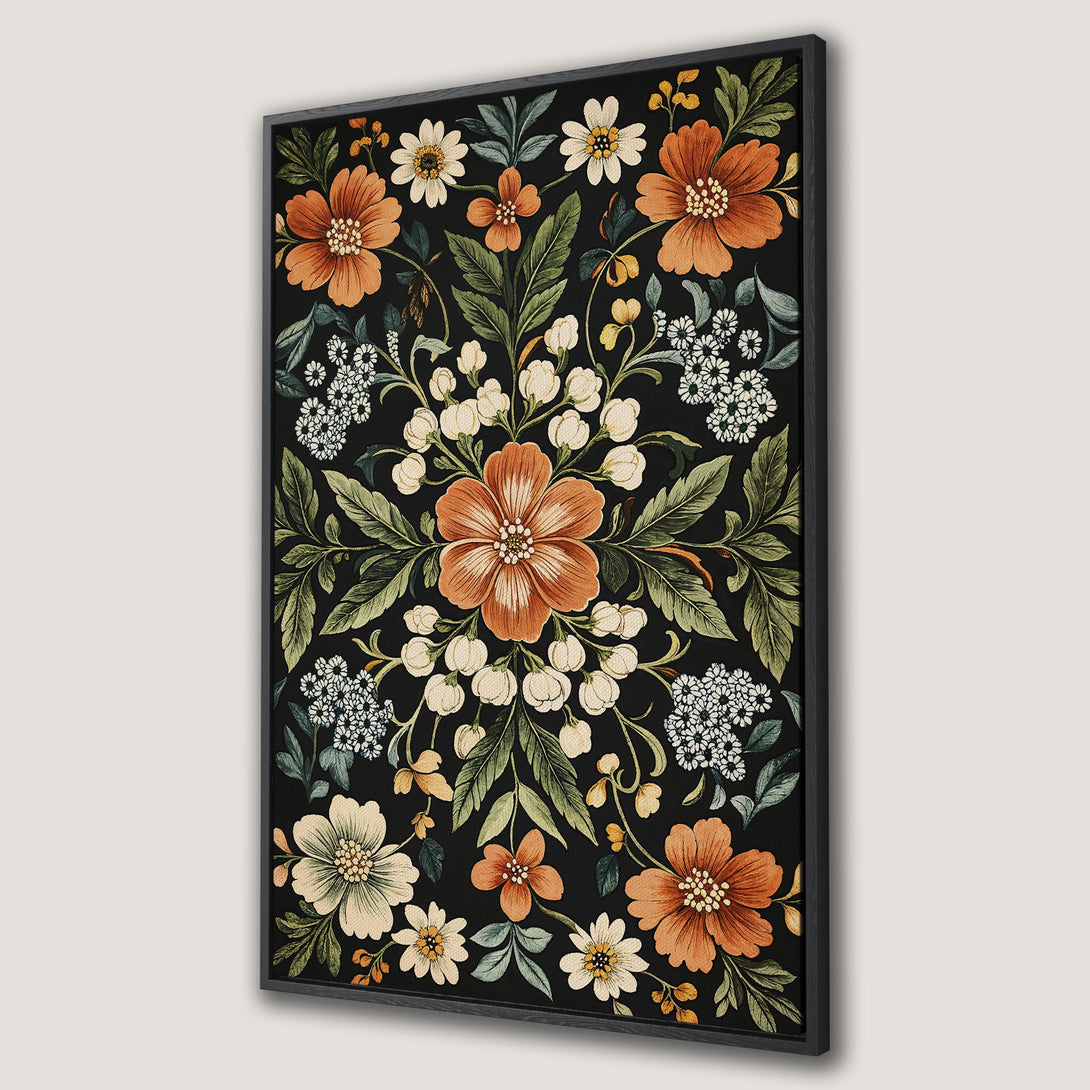 Framed Wall Art featuring a floral design with orange and cream flowers on a black background. Perfect for adding a touch of elegance to any room.