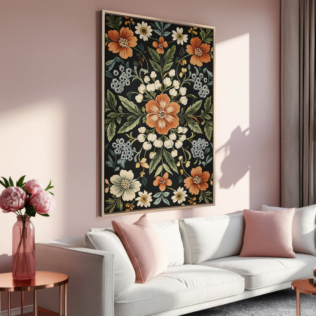 Framed Wall Art: Floral print in warm orange, white, and green hues. Adds a touch of elegance to any space. Perfect for living rooms and bedrooms. Shop now!