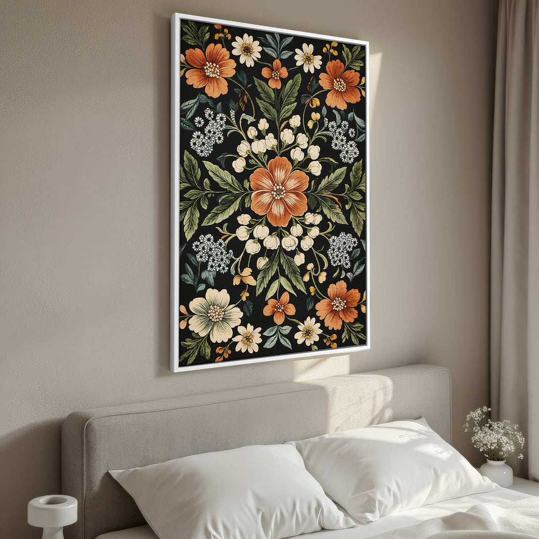 Framed Wall Art featuring a floral pattern in warm orange and green hues against a black background, perfect for bedroom decor.