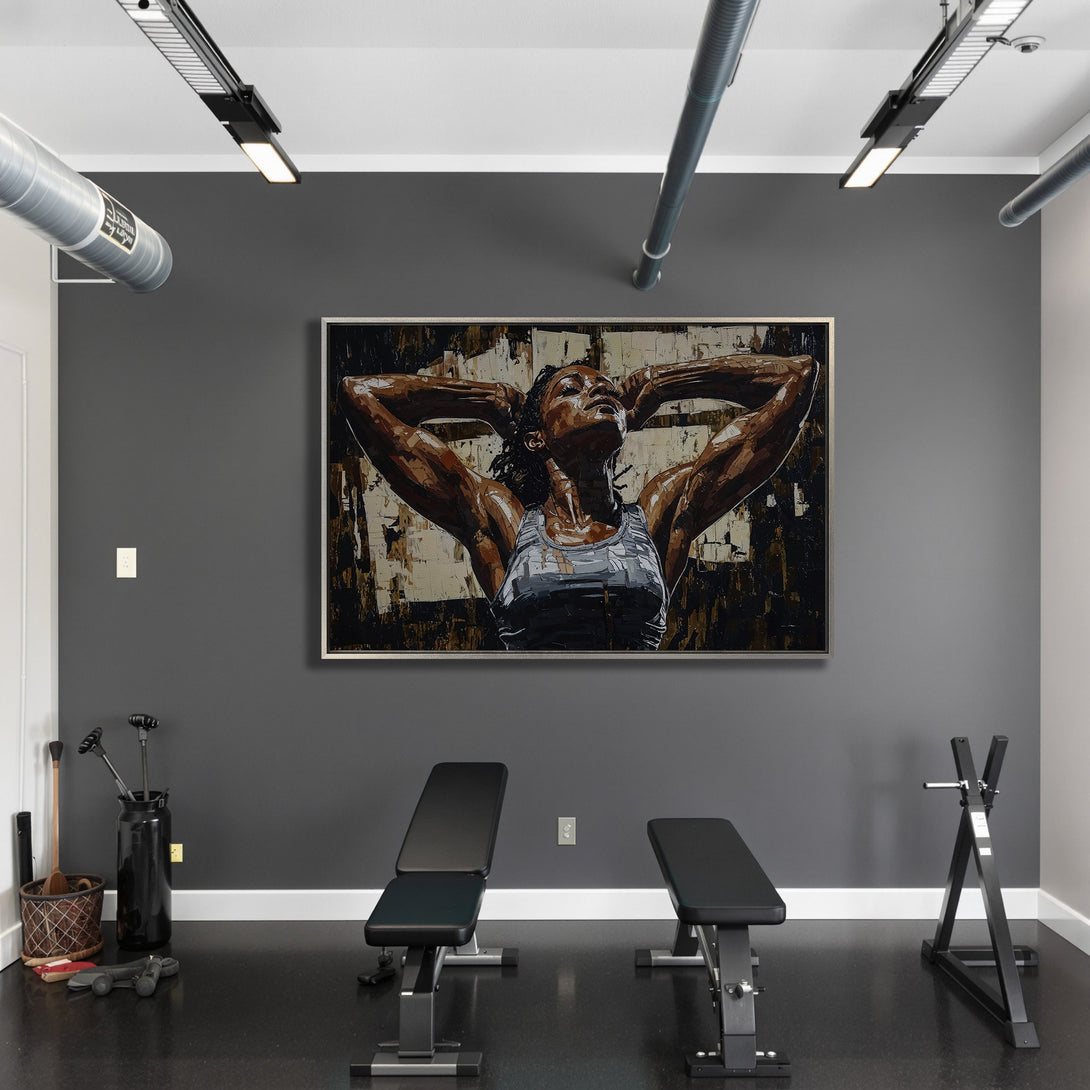 Framed Wall Art: Powerful woman Canvas Print in a gym setting. Abstract style with warm brown, black, and gray tones. Elevate your space with art!
