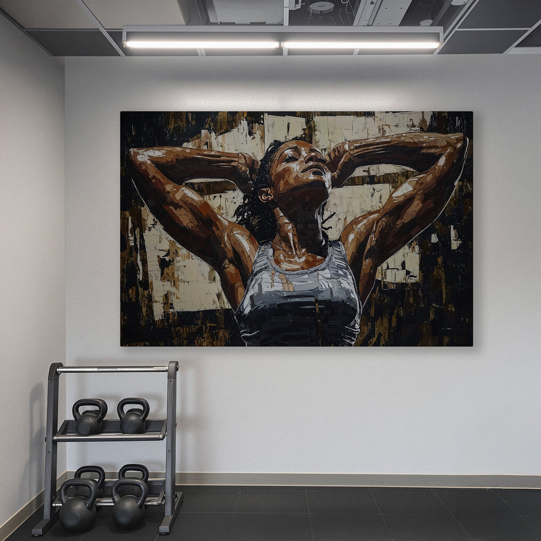 Framed Wall Art featuring a strong woman in a modern style, displayed in a home gym. Earth tones and teal create a vibrant aesthetic.