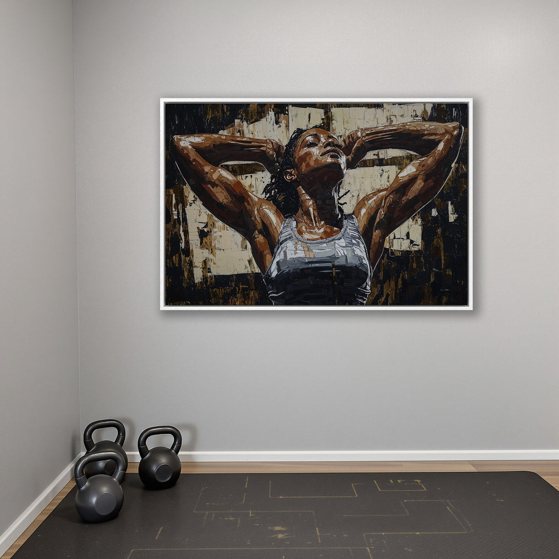 Framed Wall Art: Powerful woman in abstract style. Earthy tones and black accents. Perfect for gym or home decor. Canvas Print available!