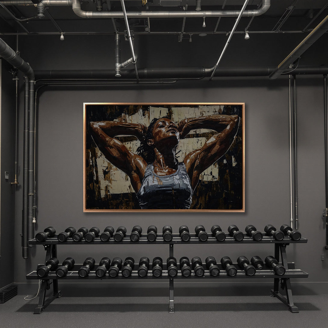 Framed Wall Art: Powerful woman portrait in a gym. Abstract style, rich brown and gray tones. Perfect for fitness enthusiasts.