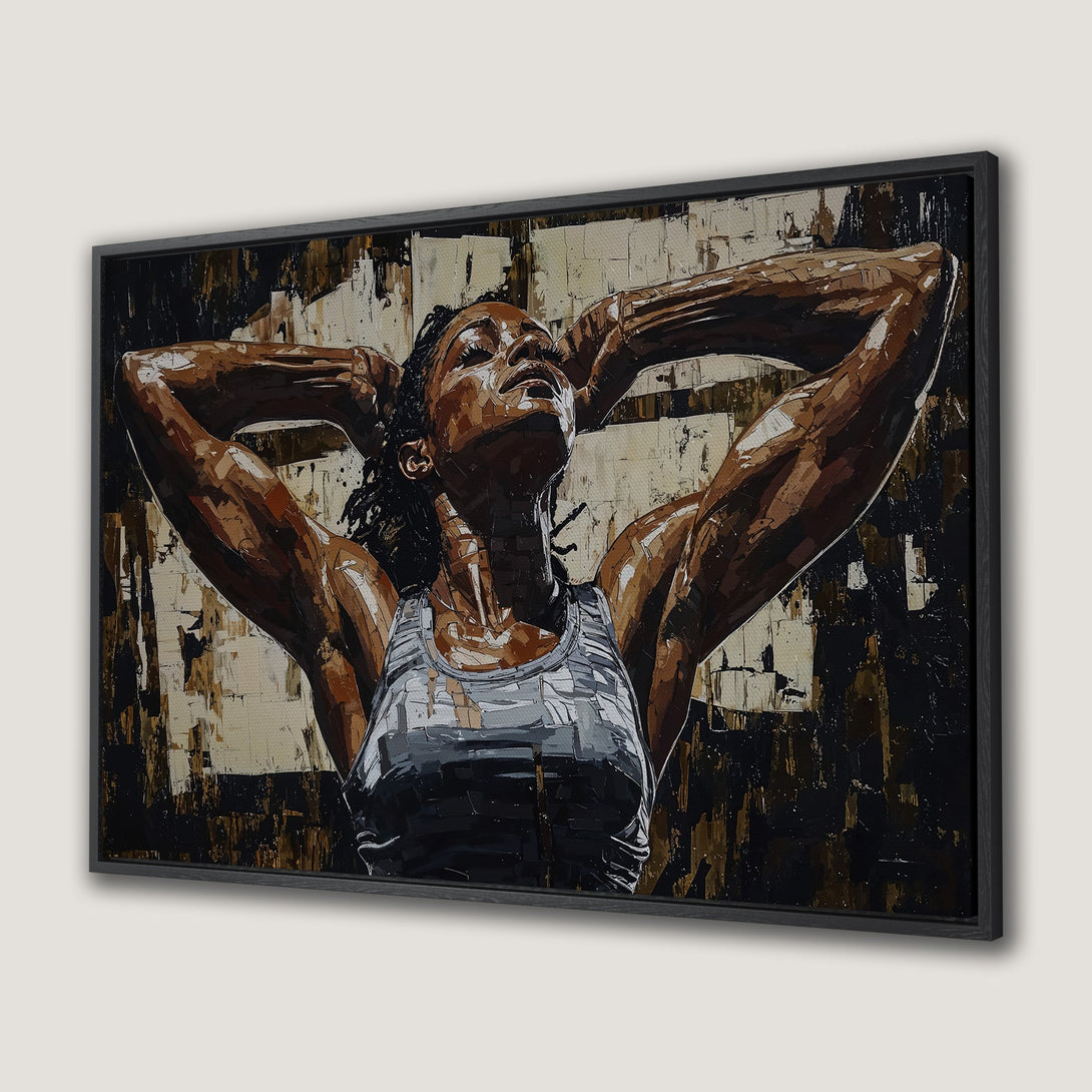 Framed Wall Art: Powerful woman portrait in brown, black, and gray palette. Abstract style canvas print perfect for modern home decor.