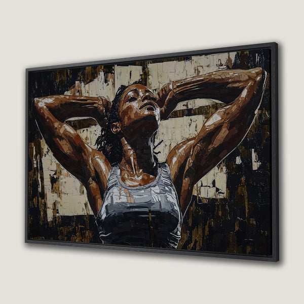 Framed Wall Art: Powerful woman portrait in brown, black, and gray palette. Abstract style canvas print perfect for modern home decor.