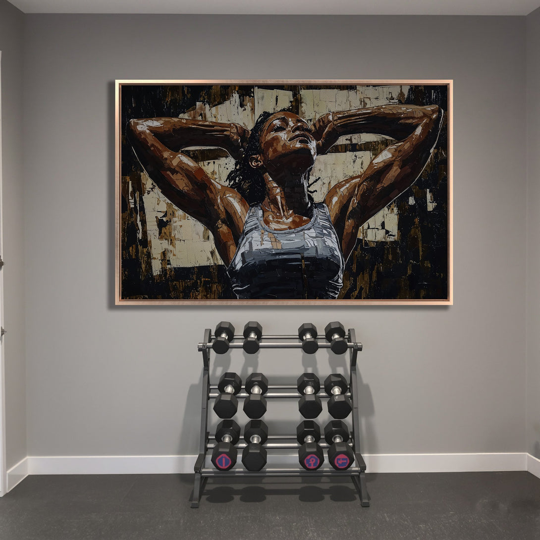 Framed Wall Art of a strong woman in a gym, abstract style with brown, black, and neutral tones. Perfect for home gym decor.