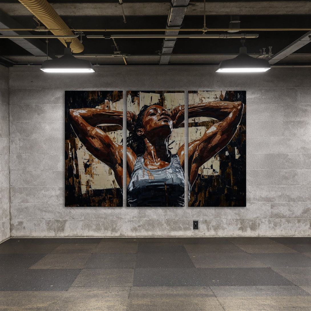 Canvas Print of a woman with arms raised, abstract style, brown & neutral tones, displayed in a modern interior.