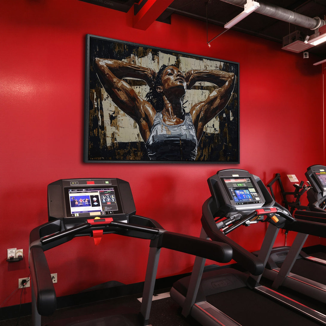 Framed Wall Art of a woman in a gym, showcasing a powerful pose. Modern art style with a warm, brown and red color palette. Perfect for home gyms!