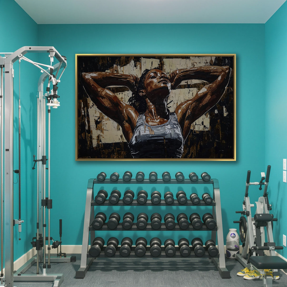 Canvas Print of a strong woman in a gym, abstract style, featuring a warm brown and neutral color palette. Perfect wall art for fitness enthusiasts.