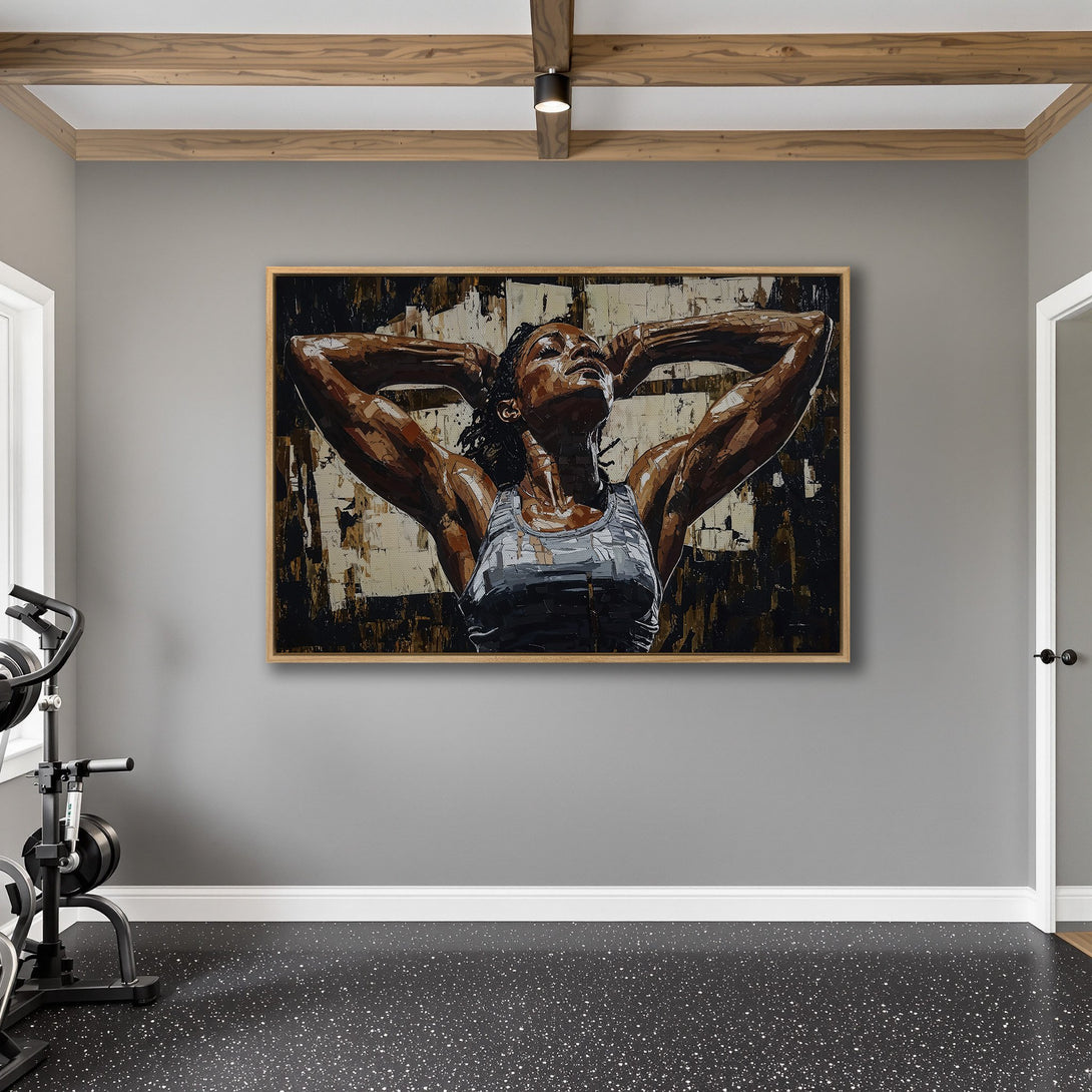 Framed Wall Art: Powerful woman in abstract style, warm brown and neutral color palette. Perfect for home gym decor.