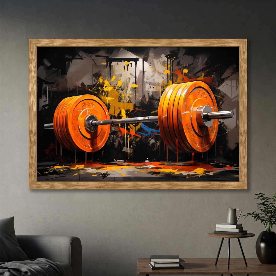 Framed Poster featuring a vibrant barbell in a graffiti style with orange, black, and yellow color palette. Perfect for gym decor!