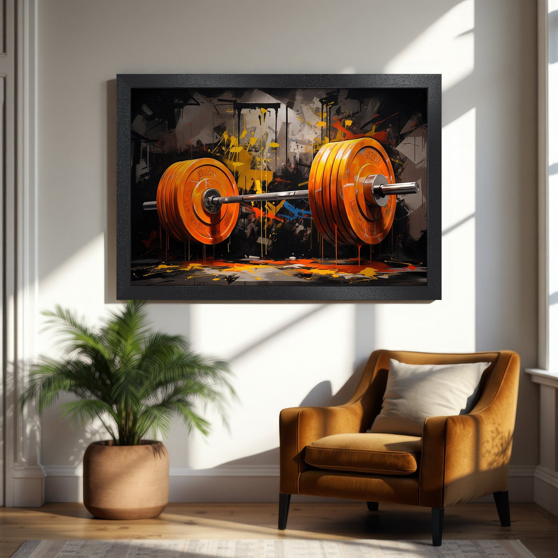 Framed Poster of a barbell in abstract style. Bold orange, yellow, and black color palette. Perfect for gym decor.