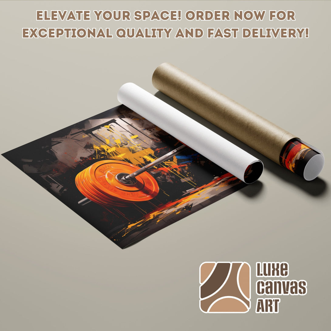 Abstract weightlifting poster roll in black, orange, and yellow. Elevate your space with this art!
