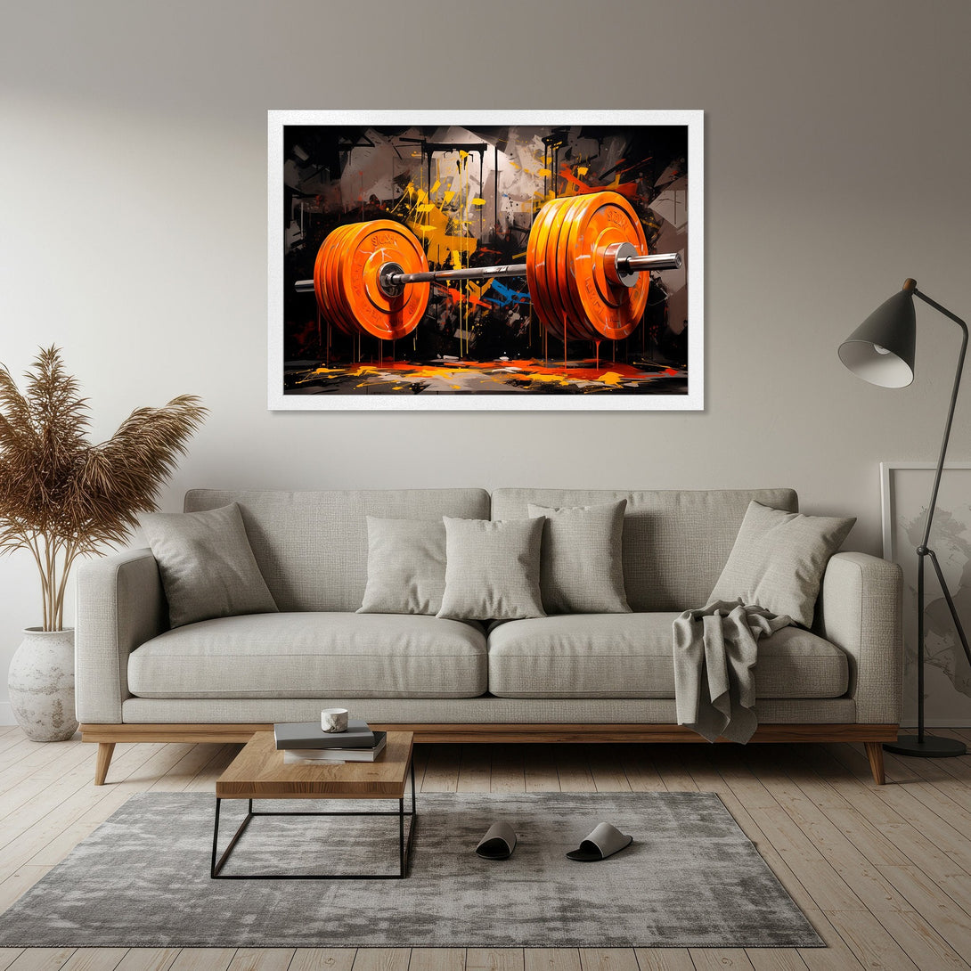 Framed Poster featuring a barbell with orange weights in an abstract style. Bold colors and a modern aesthetic. Perfect for gym decor.