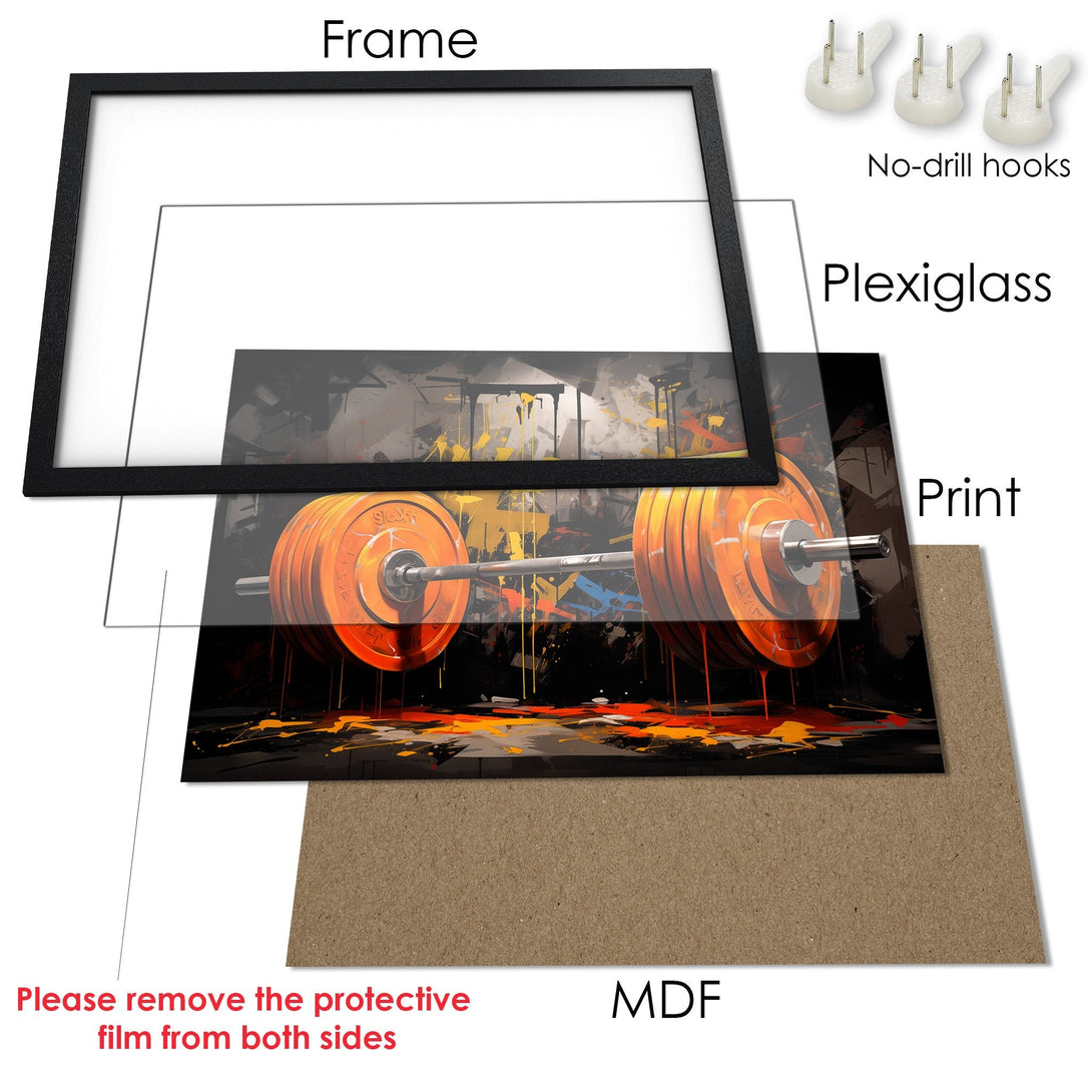 Framed Poster featuring a barbell abstract art print. Bold orange, yellow, and black color palette. Perfect for gym decor!