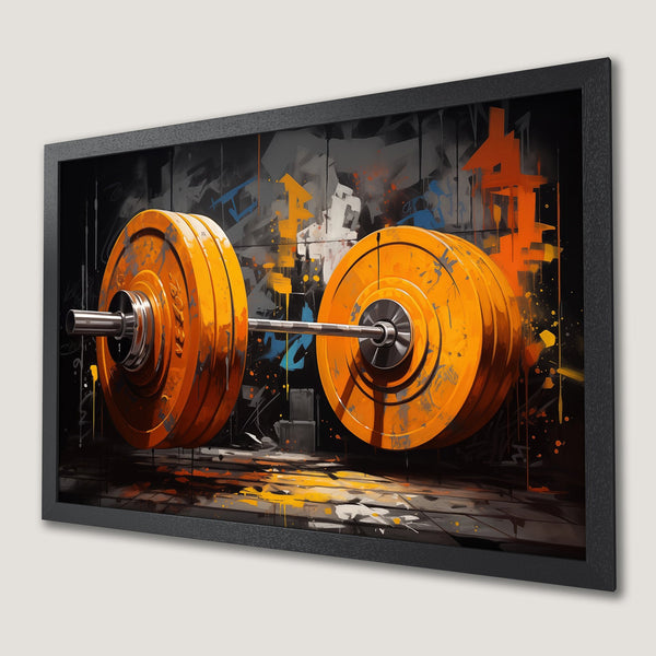 Framed Poster featuring a barbell in an abstract, graffiti-style art piece. Bold orange and black color palette, perfect for gym decor.