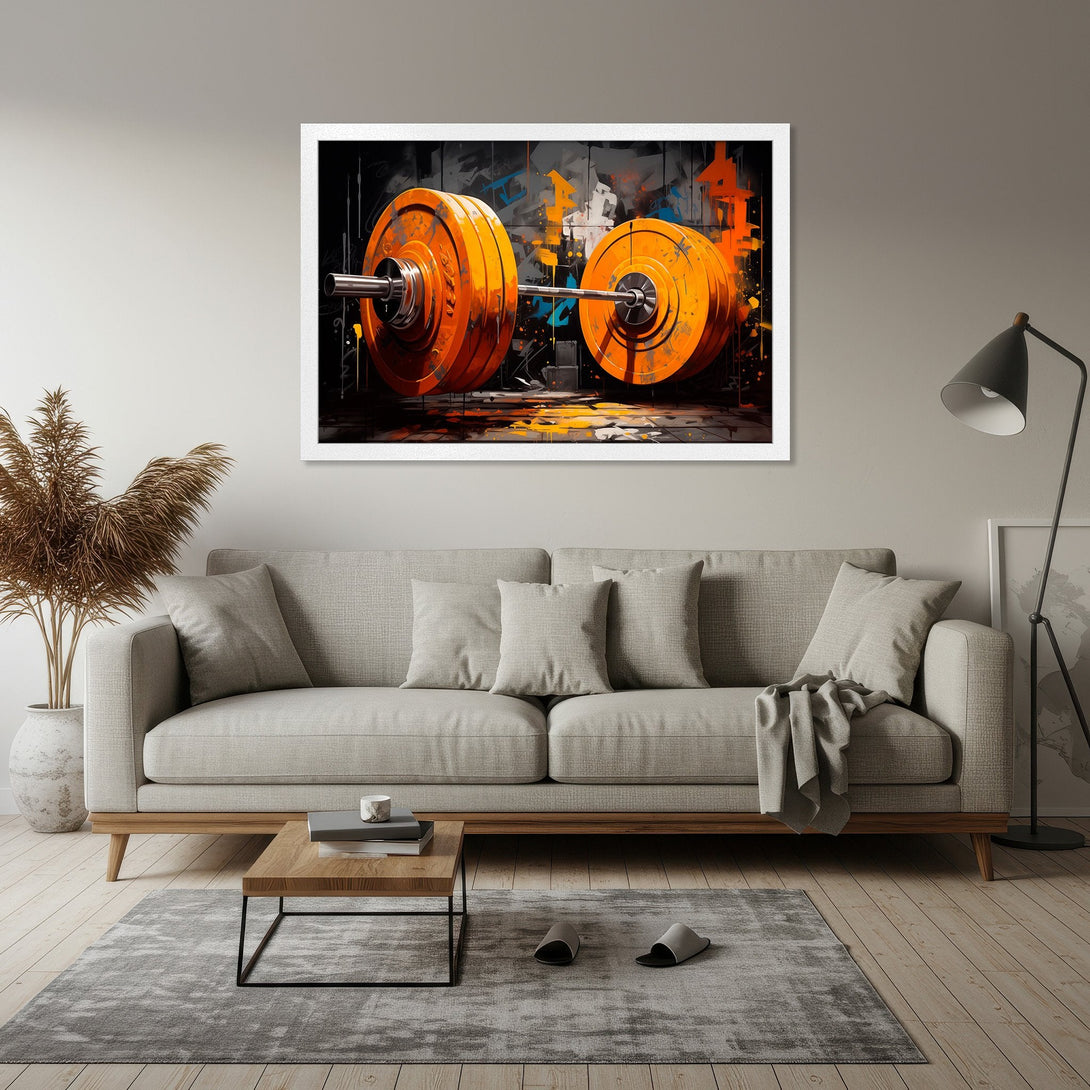 Framed Poster featuring a vibrant barbell artwork. Modern abstract style with orange and black color palette. Perfect for gym decor.