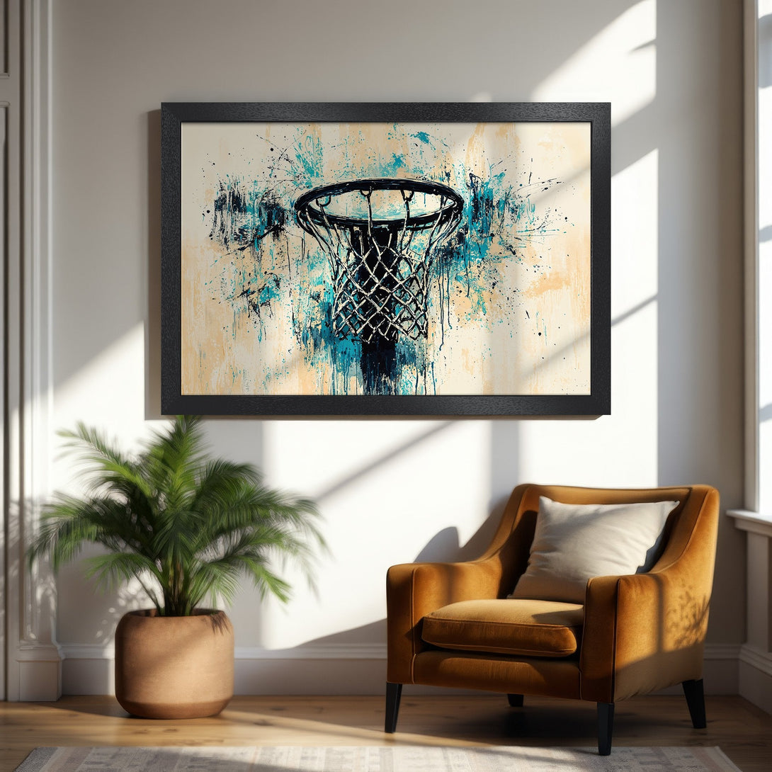 Framed Poster featuring an abstract basketball hoop in teal and black on a beige background. Modern art style. Perfect for sports fans!