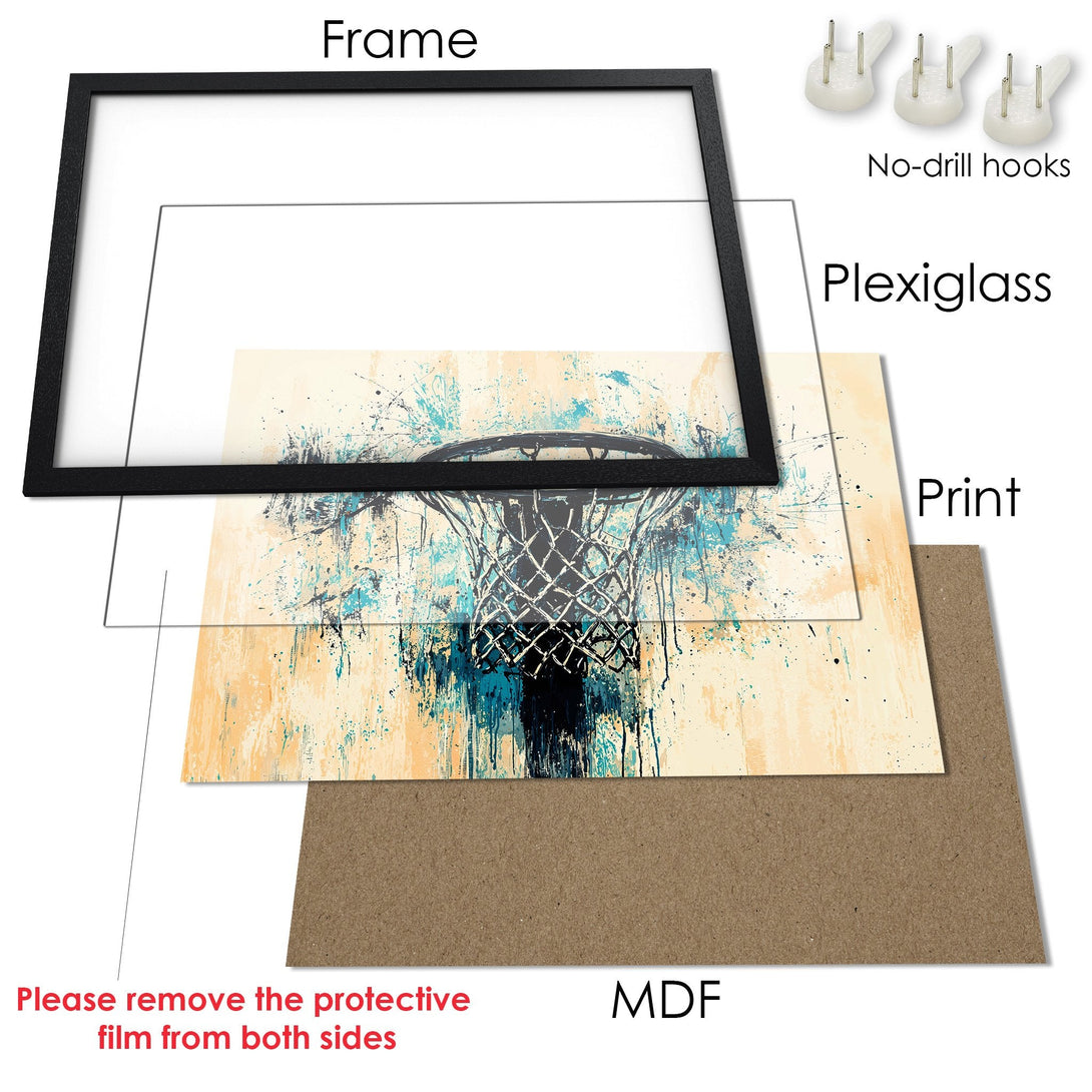 Framed Poster featuring a basketball net in an abstract style with a blue and beige color palette. Perfect wall art!